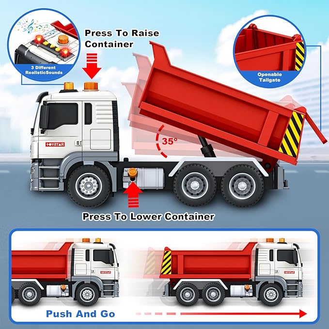 Kids Toys for 3 4 5 6 7 8 Years Old Boys, Large Dump Truck Toy with Lights, Sounds, Red Toddler Friction Powered Truck Vehicle Toy for Boys Girls Birthday Gifts