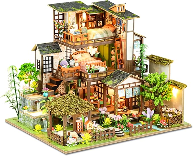 Spilay Miniature Dollhouse Miniature House Kit, DIY Kit Mini Modern Villa Model with Music Box, Best Christmas Birthday Gift.(Bamboo Spring Courtyard)