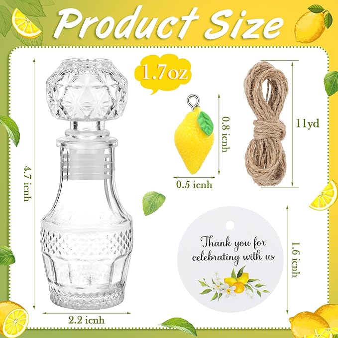 Chuangdi 16 Sets Mini Limoncello Glass Bottles Limoncello Bottles with Labels 1.7 oz Lemon Pendants Lemon Party Favors for Homemade Brewing Wedding Baby Shower Gifts(Fresh)