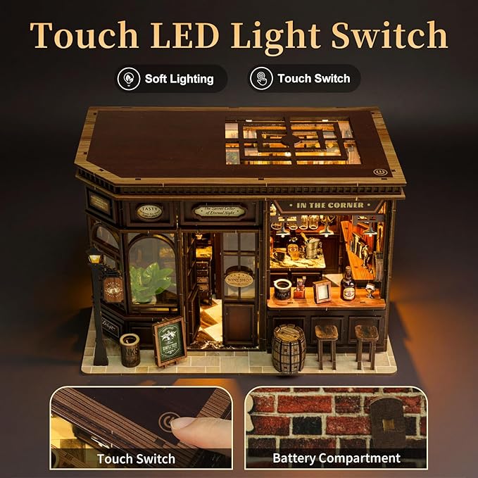 Hallisun DIY Miniature House Kit, Mini 3D Wooden Corner Tavern Building Kit with Furniture and LED, Tiny Diorama Dollhouse Model Set, Handmade House Craft Birthday for Adults Teens