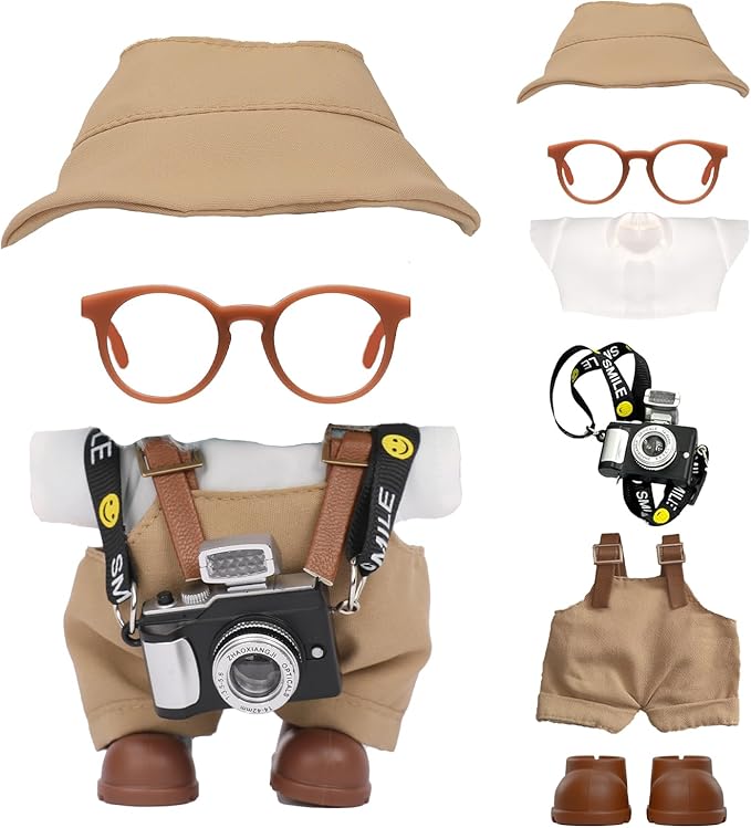 17cm Doll Clothes Set, Hat & Overalls & Shirt & Shoes & Glasses & Camera Set for 17cm Accessories Suit, Stylish Dolls Clothes Accessories, Cute Clothes for Dress up Unique Style (Khaki)