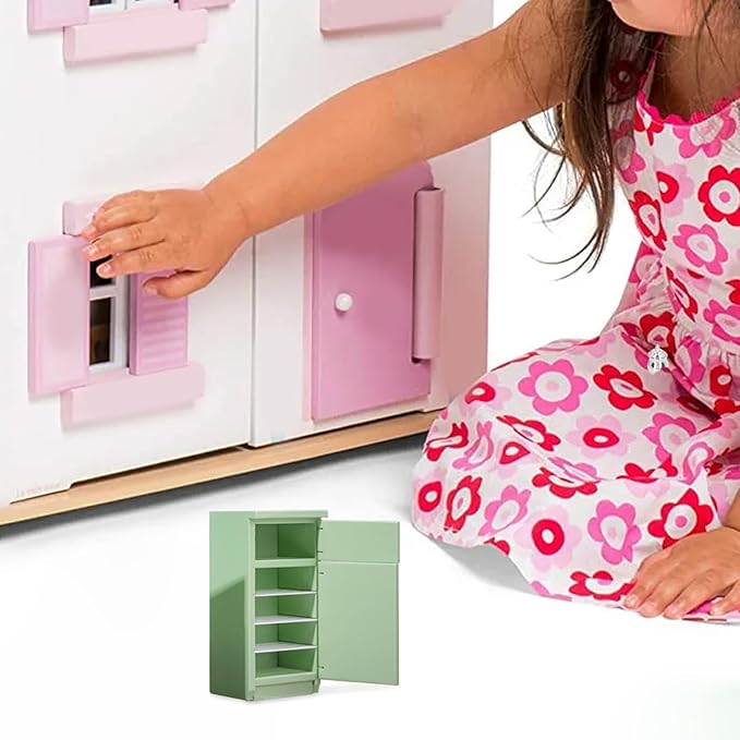 Otbushit Wooden Dollhouse Furniture 1/12 Scale Toy Refrigerator, Green Simple Retro Style Kitchen Miniature Delicate Fridge Model Accessory Pretend Play