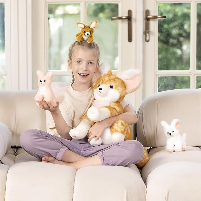 4Pcs Fennec Fox Plush Toy, Cute Soft Mother Fox Stuffed Animal with 3 Fennce Fox Babies, 17.4" Giant Zoo Animal Plushies for Kids, Huggable Stuffed Wild Animal Gift for Christmas Birthday