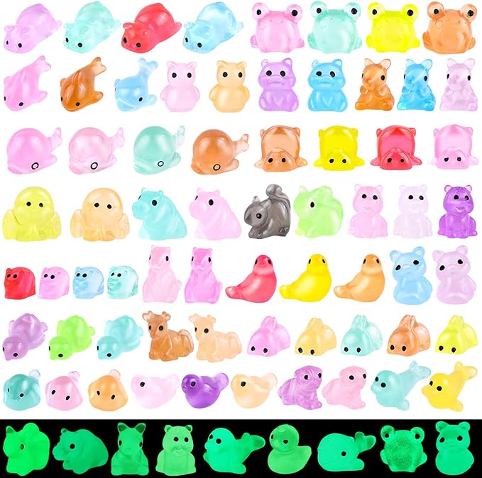 150PCS Random Mini Resin Animals Tiny Figurines Glow in Dark, Miniature Figures to Hide, Little Animal Small Accessories for Topper Garden Dollhouse Landscape Aquarium Ornaments Crafts & Decor