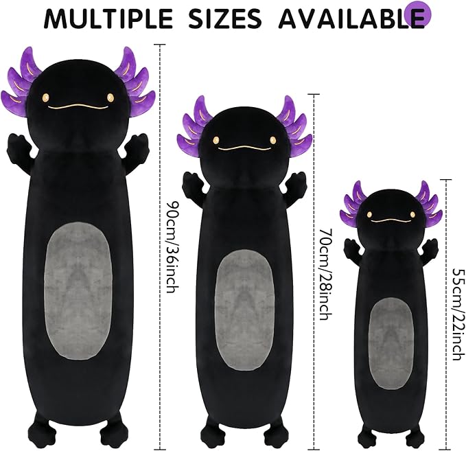 22inch Black Axolotl Stuffed Animal, Soft Long Pillow Doll Cute Axolotl Plush Body Pillow Plushies Toy Gift for Kids, Boys Birthday, Halloween, Christmas