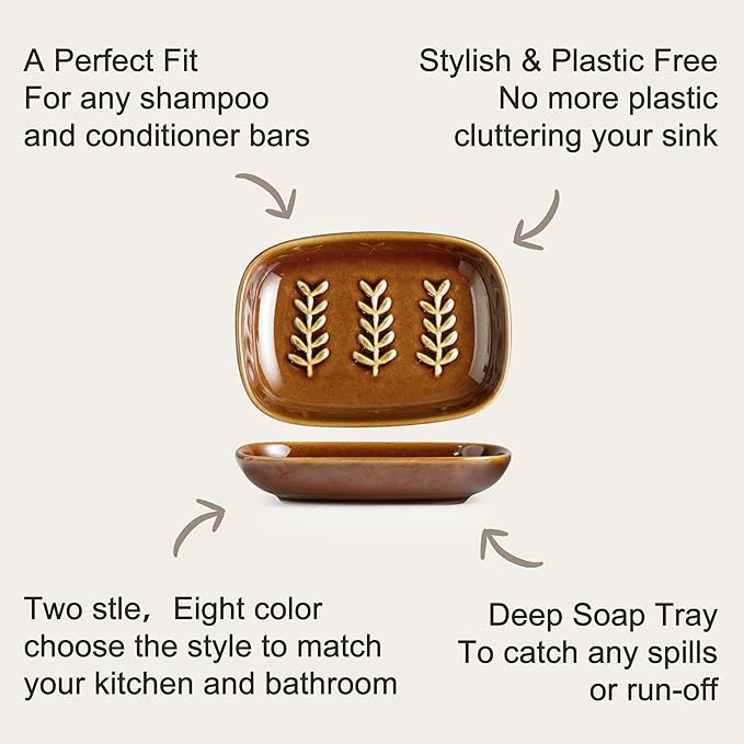 Soap Dish for Shower, Ceramic Soap Holder Soap Dishes for Bar Soap Sponge, Decorative Soap Saver Tray for Bathroom Kitchen Sink Bathtub, Pro-Environment, Extend Soap Life, Dark Brown