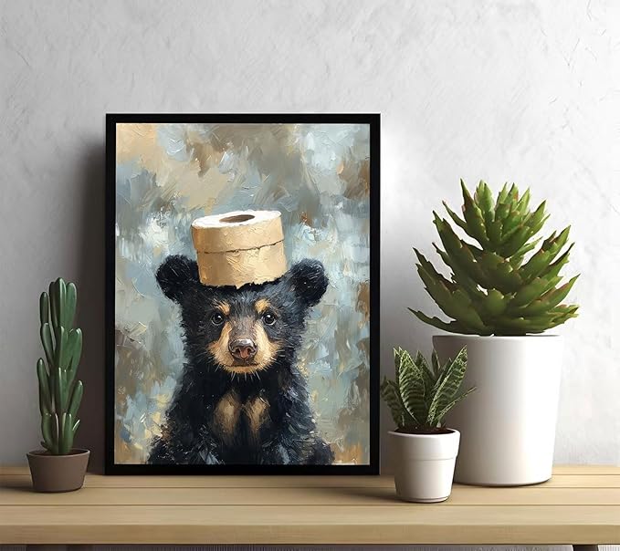 VPUQWGKE Bathroom Bear Canvas Wall Art Black Bear With Paper Wall Decor Picture Bathroom Humor Funny Animal Painting Print for Kids room toilet Washroom Home Decoration 8x10in Black Frame