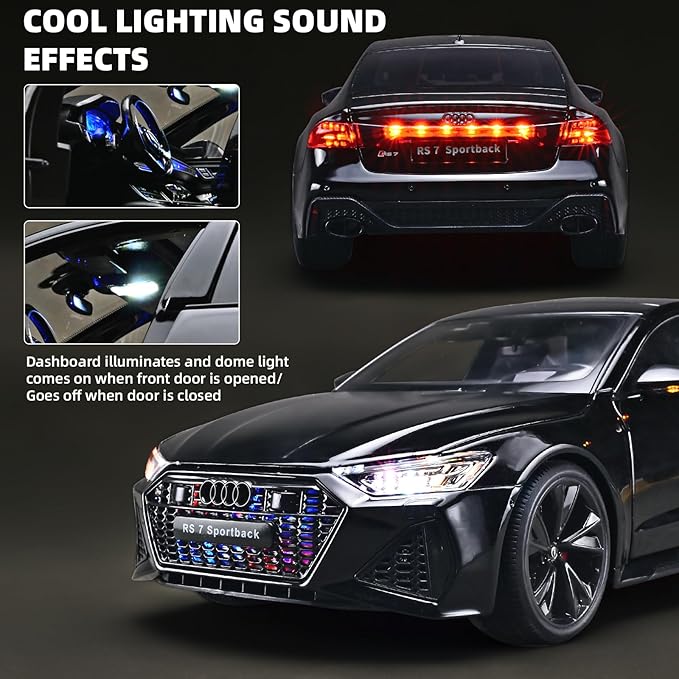1:18 Audi RS7 Model Car,Pull Back Toy Diecast Cars,Remote Control Key Version Metal Toy Cars with Lights and Sounds,Gift for Children and Adult（Black Warrior）