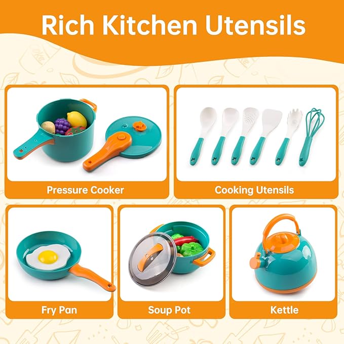60Pcs Kids Mini Play Kitchen Accessories, Pretend Cooking Play Set with Cookware, Tableware & Fruit & BBQ Sets, Learning Gift for Boys, Girls, Toddlers,Green
