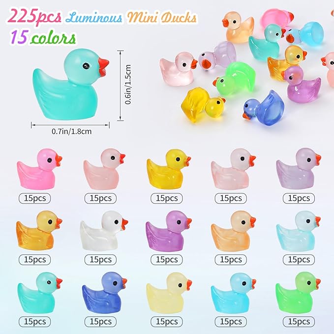 225 Pcs Luminous Mini Resin Ducks Glow in The Dark Tiny Small Ducks Miniature Figurines for Landscape Dollhouse Decor Aquarium Garden DIY Accessories Themed Party Gifts