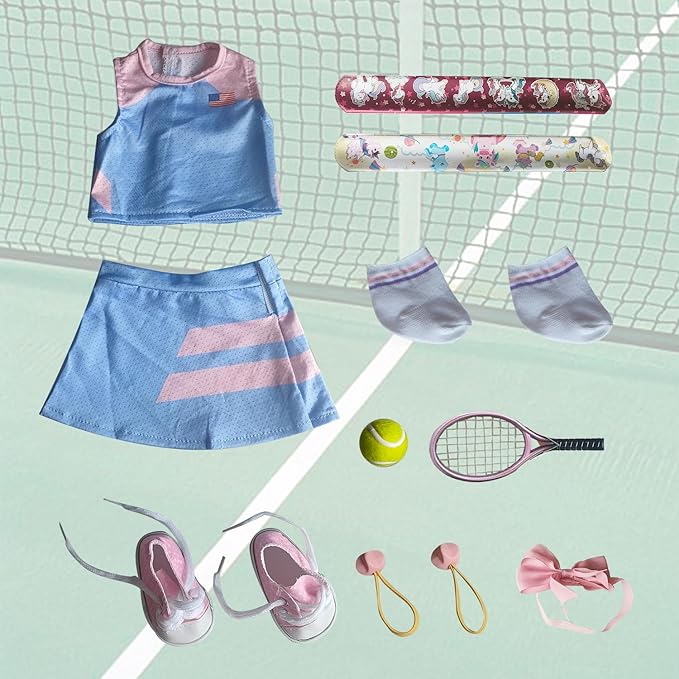 Wenzhuo 18inch Doll Clothes and accessories-18 Dolls Tennis Sports Outfits-Tops, Short Skirt, Headbands, Hair Band，Doll Socks, Dolls Shoes, Rackets, Ball