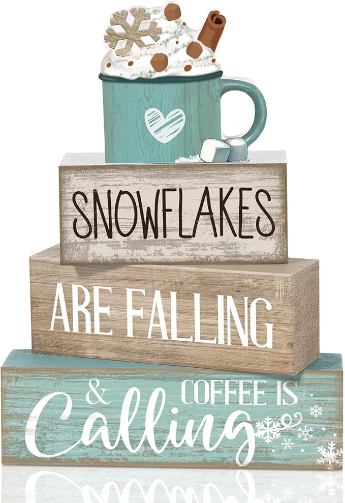 Moucuny 4 Pcs Winter Table Decor Wooden Milk Cocoa Decoration Winter Tiered Tray Centerpiece Decorative Blue Hot Cocoa Block Signs Gift Farmhouse Decoration for Home Kitchen