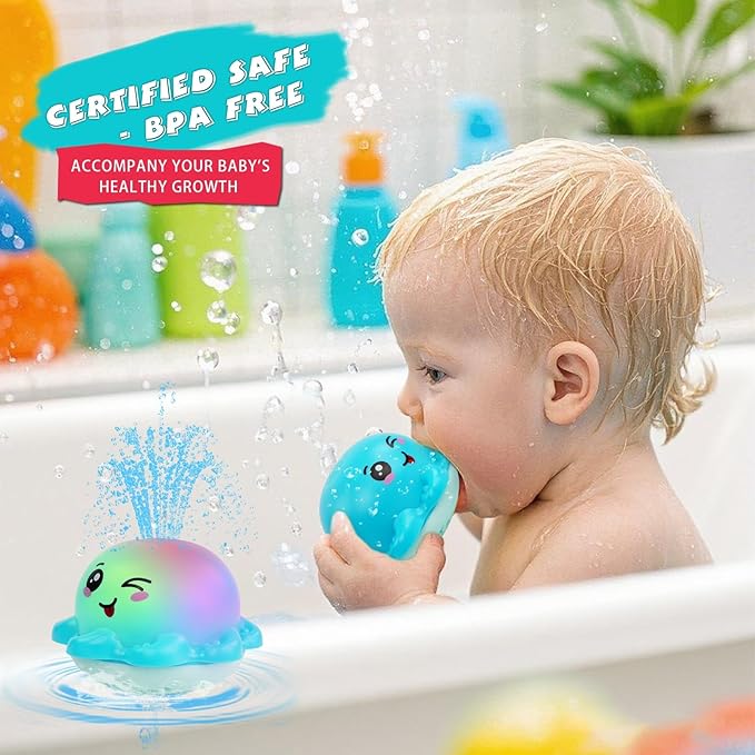 ArtCredit Light Up Bath Toy Sprinkler for Babies, Rechargeable Bathtub Pool Water Toys Baby Gifts for Toddlers, Shower Essentials (Blue Octopu)