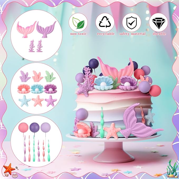 40 Pcs Mermaid Cake Topper - Mermaid Tail Cake Decorations with Seaweed Shells Starfish Coralal Under the Sea Cake Decorations for Birthday Party Decorations