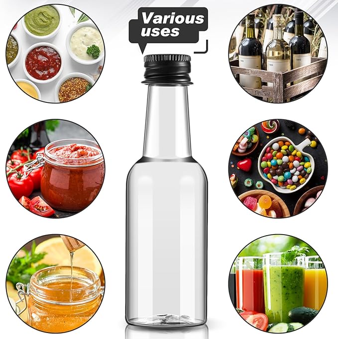 Tessco 100 Pcs Mini Liquor Bottles Plastic Mini Salad Dressing Bottle Christmas Small Shooter Alcohol Holders with Cap Wine Hot Sauce(4 oz,Black)