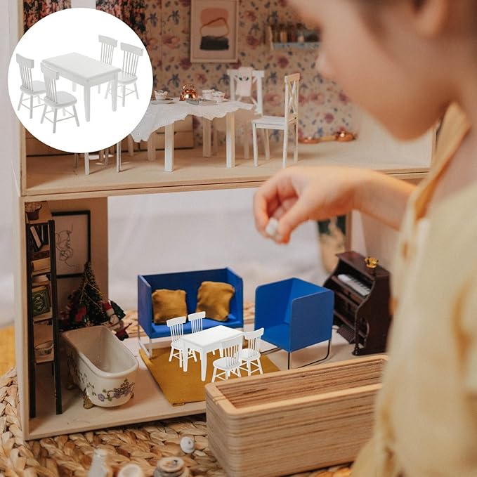 Beaupretty Doll House Furniture Miniature Wooden Dollhouse Table and Chairs Mini Accessories of Dining Room (White)