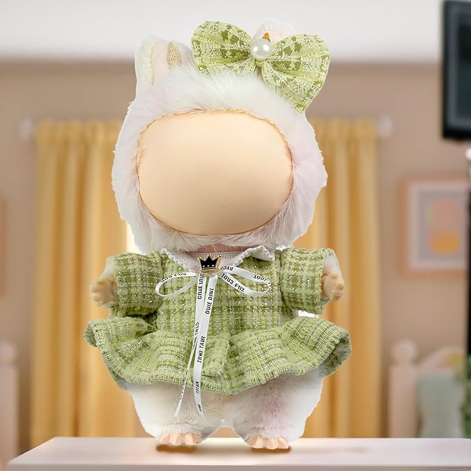 Clothes for LABUBU Doll (NO Doll), Luxury Chic Style 2-Piece Accessories for LABUBU 17cm Dolls, Premium Fashion Outfits for LABUBU - Bow Headdress + Plaid Tweed Dress (Green)