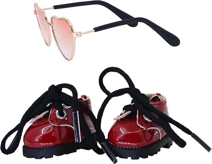 Suitable for 17cm Doll Clothing Accessories Set, Cute PU Leather Lace-up Mini Oxford Shoes and Glasses Two-Piece Set (Red)