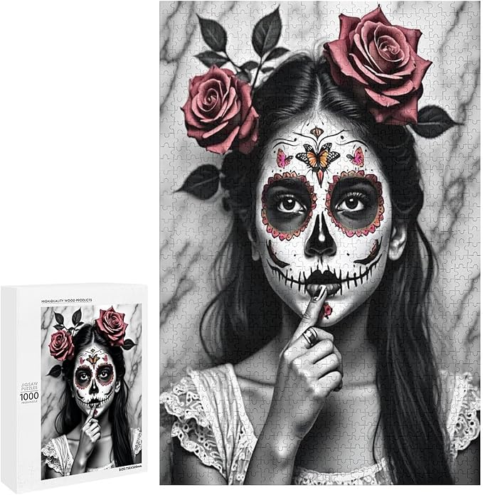 Jigsaw Puzzles for Adults 1000 Piece - Gorgeous Sugar Skull Lady Day of The Dead Wooden Puzzle, Puzzle Games,Stress Relief Games,Funny Puzzles，Unique Gifts for Wall Art，Family Puzzles