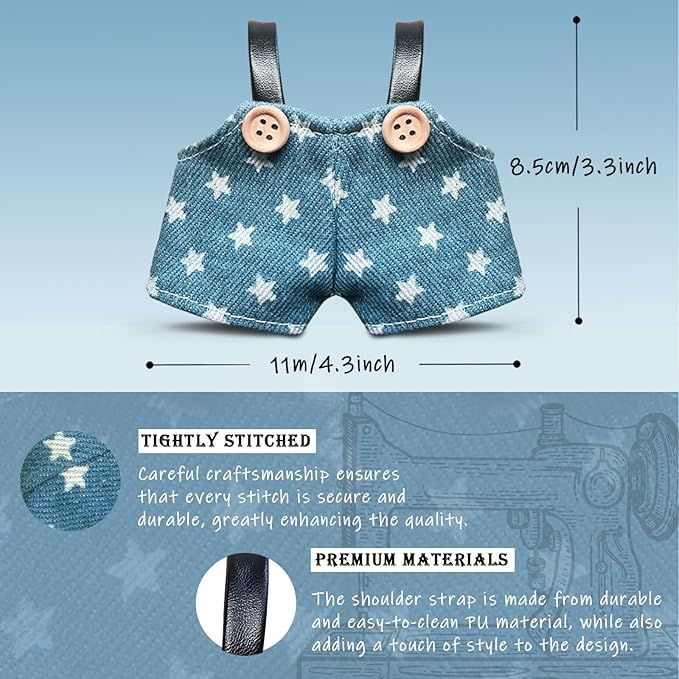 Clothes for 6.7inch /17cm Dolls (Without Dolls) ,Sets and Accessories,6pc Set（Overalls + hat + Bow + Vintage Collar + Bag + Shoes）(Star Overalls)