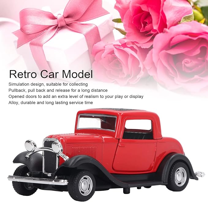 Classic Vintage Alloy Car Model Opened Doors Retro Antique Pullback Toy 1:32 for Playtime Education (Red)