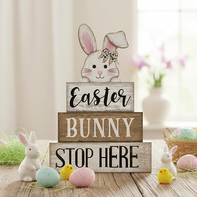 Moucuny 4 Pcs Easter Table Decoration Wooden Rabbit Easter Tiered Tray Decor Cute Bunny Centerpiece Rustic Wooden Bunny Block Sign Farmhouse Holy Week Party Decoration for Home Kitchen Shelf