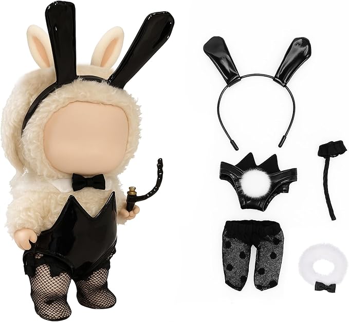 2026 New 17cm Doll Fashion Clothes Set: Black Bunny Ears Headband, Leather Skirt, Collar with O-Ring, Mesh Pants, Mini Whip - Cute Outfits & Accessories for Unique Style