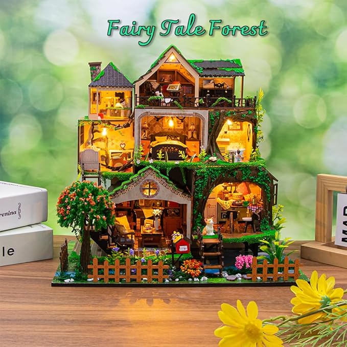 Yuzhen DIY Miniature Dollhouse with Furniture and LED Lights, Wooden Dollhouse Includes Dustcover and Music Movement, Delicate Home Decor