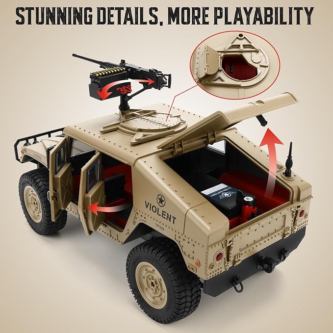 Remote Control Truck-4x4 Off-Road RC Trucks Army Rock Crawler Humme, RTR 40Mins Play Time All Terrain RC Off Road Jeep Cars with Winch,Lights&Openning Door, Military Armored Vehicle Toys Gift for Boys
