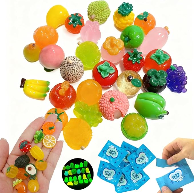 50 PCS Mini Glow-in-The-Dark Resin Fruit Blind Bag Set, Tiny Fruit Blind Bags for Dollhouse Decor, Realistic Mini Fruits, Miniature Food for Doll House, Party Presents for Kid
