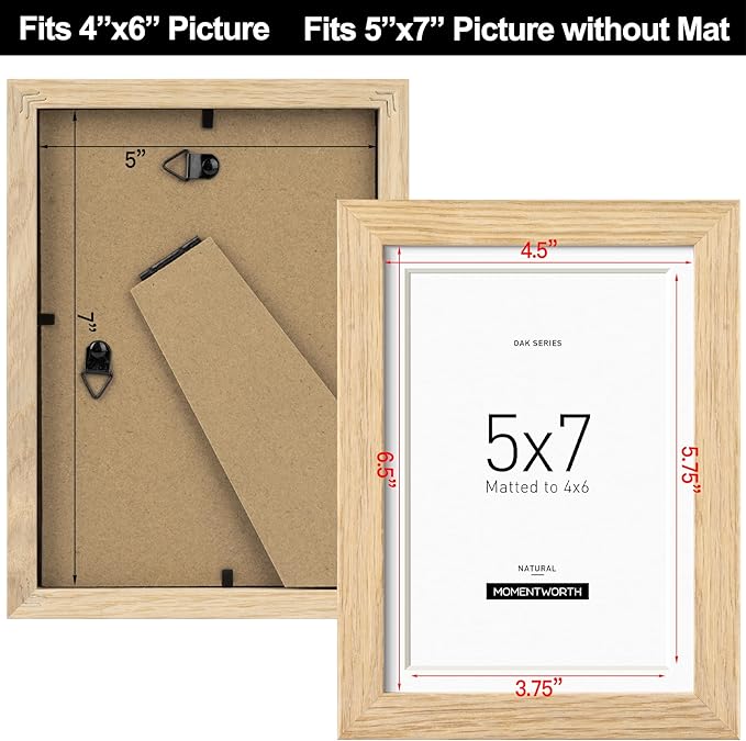 Momentworth 5x7 Picture Frame with Mat for 4x6, Solid Oak Wood 5x7 Frame with Tempered Glass for Wall Mount & Tabletop(Single,Oak)