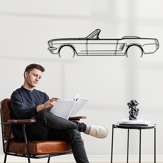 DecoSoul Mustang Metal Car Wall Art, Sports Car, Automotive Silhouette Line Decoration, Minimalist Sculpture for Garage, Indoor Outdoor Wall Hanging, Gift for Boyfriend (Black - 45 x 12.4” inch)