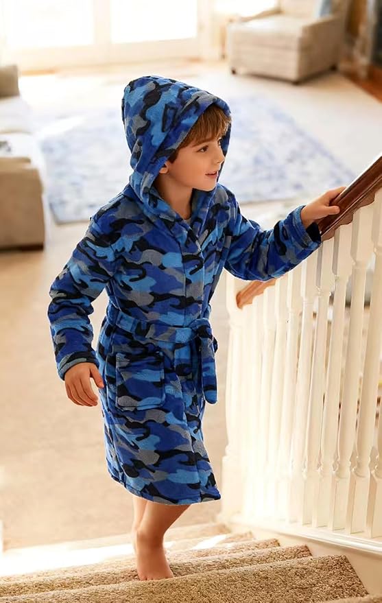 Boys Fleece Robe Hooded Toddler Soft Bathrobe Pajamas Sleepwear for Kids Girls 2-16 Years