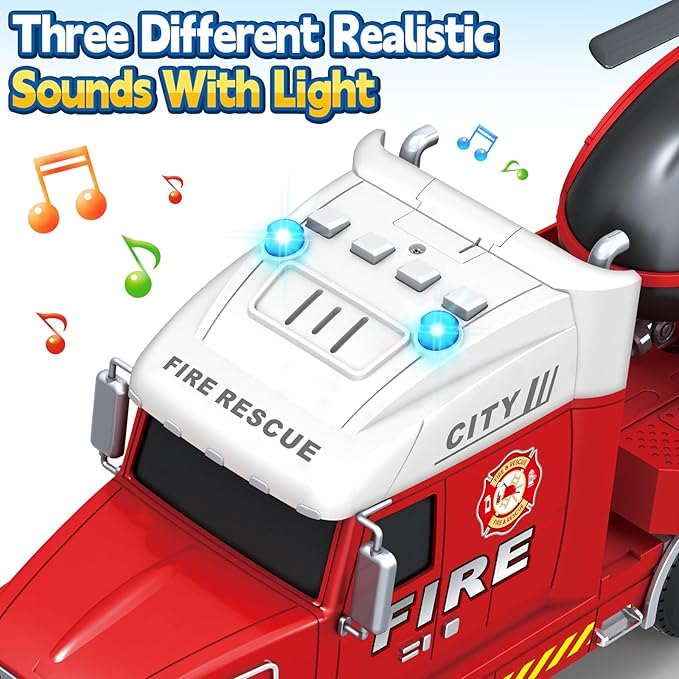 Kids Toys for 3 4 5 6 7 8 Years Old Boys, 27" Fire Truck Toy with Racing Car and Helicopter, Toddler Friction Powered Truck Vehicle Toy with Lights, Sounds for Boys Girls Christmas Birthday Gifts