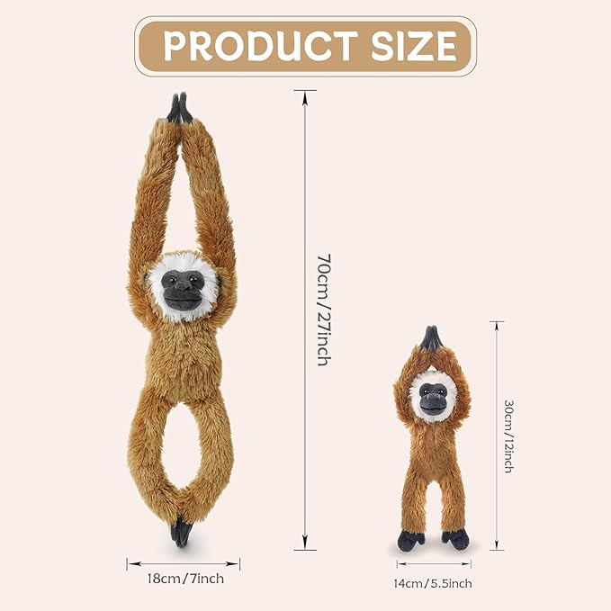 2pcs Monkey Hanging Stuffed Animal Mother with Baby Hangs Plush Toys, Hooks and Stuffed Animals with Rings for Kids, Gifts for Boys and Girls (Brown