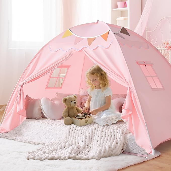 Full Size Bed Canopy for Kids：Girls Bed Tent Dream Privacy Sleeping Tents Indoor - Toddler Under Bunk Pink Tent - Girls & Boys Bedroom Privacy Space Sleeping Tents Gifts (Large Pink)