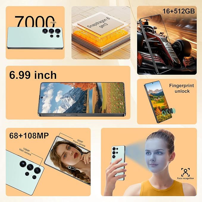 OEJBK I25 Ultra: Powerhouse 16GB/512GB, 2-Day 7000mAh Battery, Huge 6.99" Android 14 Phone w/Built-in Stylus - Your All-in-One Device The Superior Choice (Cyan)