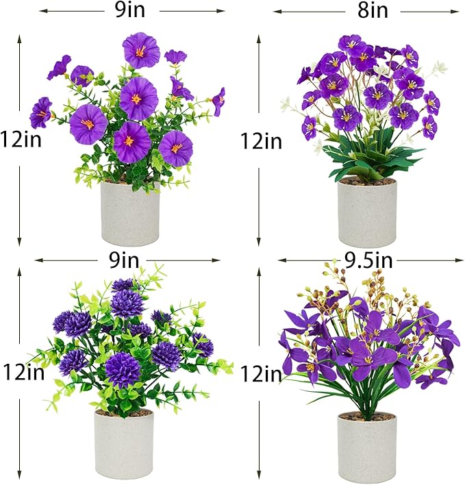 Luiywan 8 Packs Small Fake Plants Mini Artificial Potted Flowers Plastic Small Faux Potted Plants Indoor for Home Room Office Shelves Spring Decor, Purple