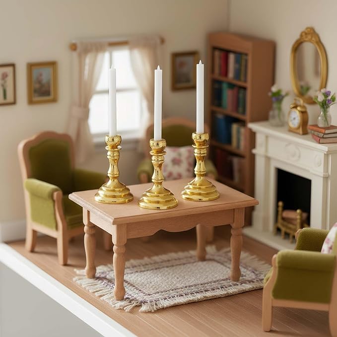 3-Piece Dollhouse Miniature Candle Holder Set, Vintage Style Simulation Candlesticks, 1/12 Scale Candles for Doll House Desk Ornament & Fairy Garden Decor （Gold