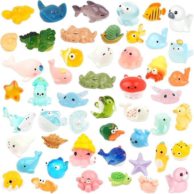 50 PCS Mini Sea Animals Figurines Tiny Resin Ocean Animal Mini Plastic Ocean Animals for DIY Miniature Scenes Dollhouse Birthday Party Decoration, Fish Tank Aquarium