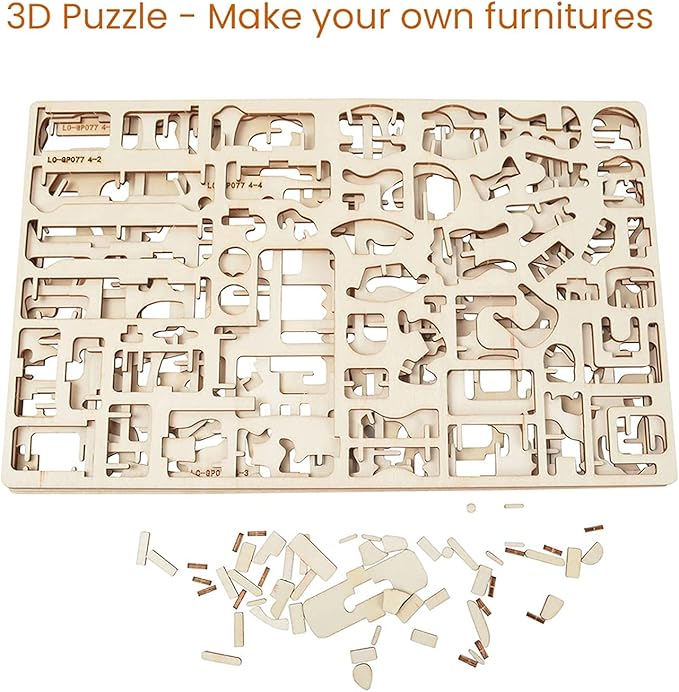 BOHS 34-Piece Dollhouse Furniture Set -1/24 Scale, Laser Cut Wooden 3D Puzzles - Miniature Doll House DIY Models and Accessories