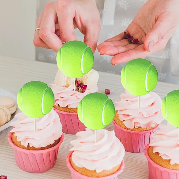 24 Pcs Tennis Cupcake Toppers,Sports Tennis Cupcake Cake Decorations Supplies,Tennis Theme Birthday Cake Topper,Tennis Birthday Party Decorations