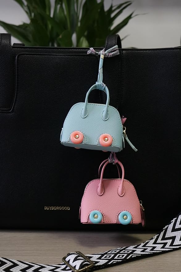 Buyborgood Women's 2 PCS Mini Tote Bag Charms Keychain Pouch Small Coin Purse Wallet, Blue+Pink