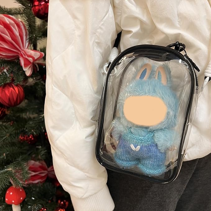 Clear Figure Display Bag with Keychain and Lanyard, Protective Doll Case, 18.5cm/7.28in Crossbody Doll Storage Bag