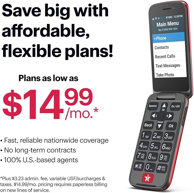 Lively Jitterbug Flip2 - Flip Cell Phone for Seniors - Not Compatible with Other Wireless Carriers - Must Be Activated with Lively Phone Plan - Red Flip Phone