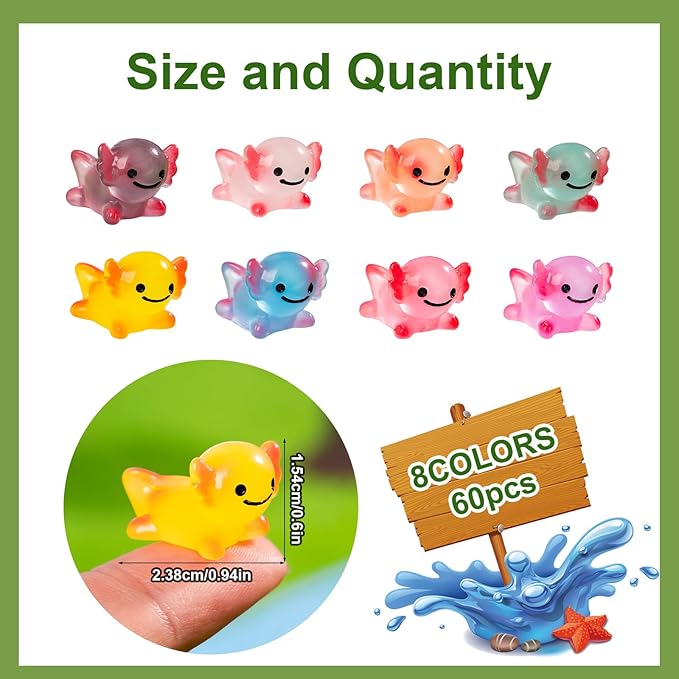 40 Pcs Luminous Mini Resin Axolotl Tiny Animals Miniature Axolotl Figures Glow in The Dark for DIY Garden Dollhouse Axolotl Figurines Accessories Micro Landscape Aquarium Party Decor
