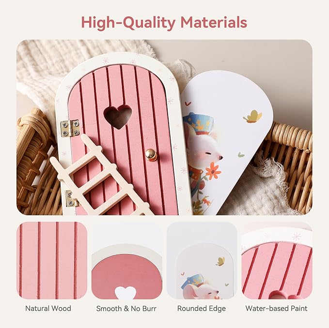 Christmas Mamimami Home Pink Wooden Magical Fairy Doors, 13cm 5.12 inch Elf Mouse Miniature Tiny Door Desk Fairy with Ladder, Tooth Fairy Door Handmade Decorations Gifts