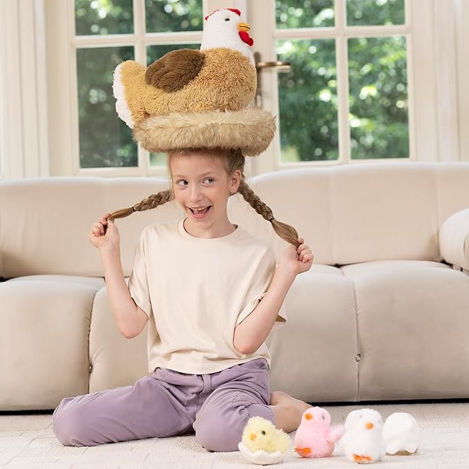 7Pcs Chicken Stuffed Animals, Stuffed Hen Plush with Baby Chicks & Eggs, Nest Hen Coop Plush Toy Set for Kids, Soft Stuffed Farm Animal Plushie for Birthday Christmas Easter Gift, 14"
