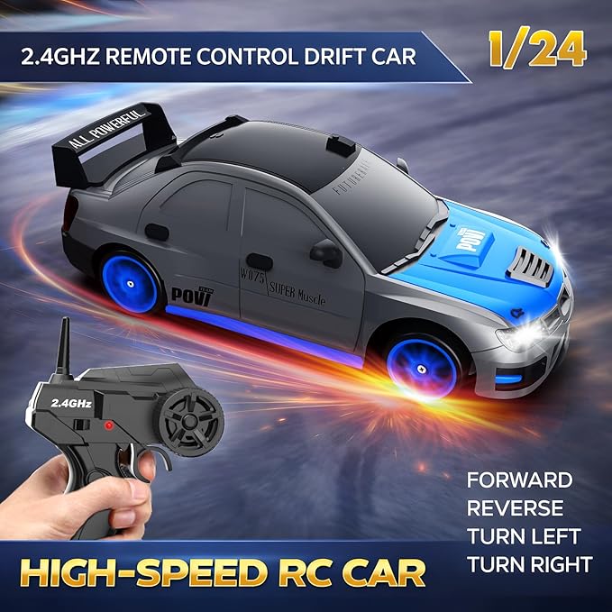 Remote Control Car RC Drift Car 2.4GHz 1:24 Scale 4WD 15KM/H High Speed Model Vehicle with LED Lights Drifting Tire Racing Sport Toy Car for Adults Boys Girls Kids Gift 2Pcs Rechargeable Batteries