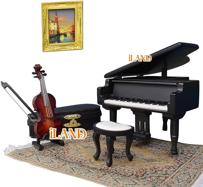 iLAND Piano Music Box & Miniature Violin w/Giftbox, 1/12 Scale Accessories of Dollhouse Piano Room with Timeless Melody The Castle in The Sky, Romantic Gift